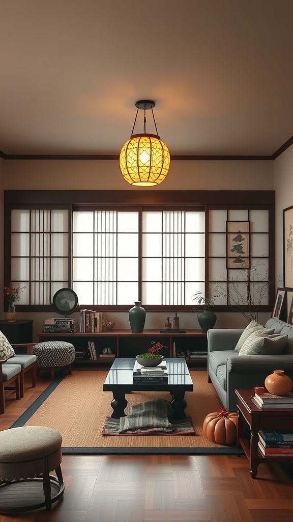 A cozy Japanese living room featuring a lantern, wooden furniture, and traditional decor.