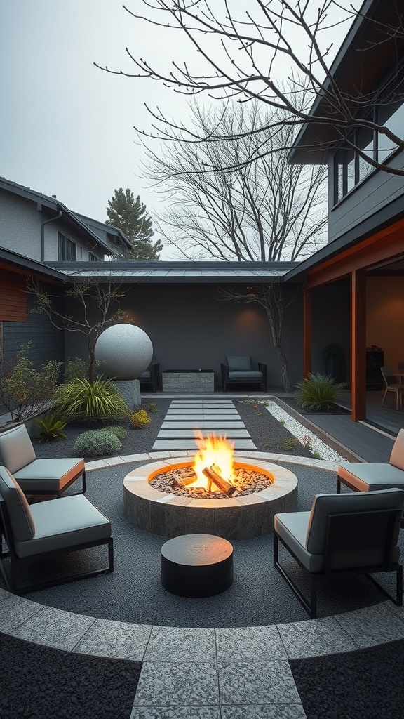 A modern Japanese garden featuring a circular fire pit surrounded by seating and decorative elements.