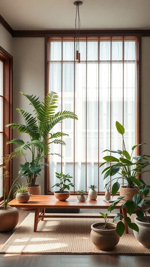 A bright Japanese living room featuring various indoor plants, a wooden table, and natural light filtering through sheer curtains.