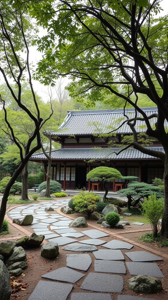 A traditional Japanese house surrounded by greenery and a stone path.