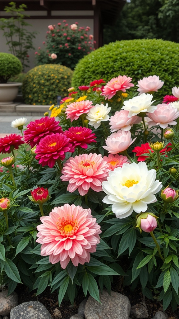 A colorful display of seasonal flowers in a modern Japanese garden, featuring dahlias and peonies surrounded by lush greenery.