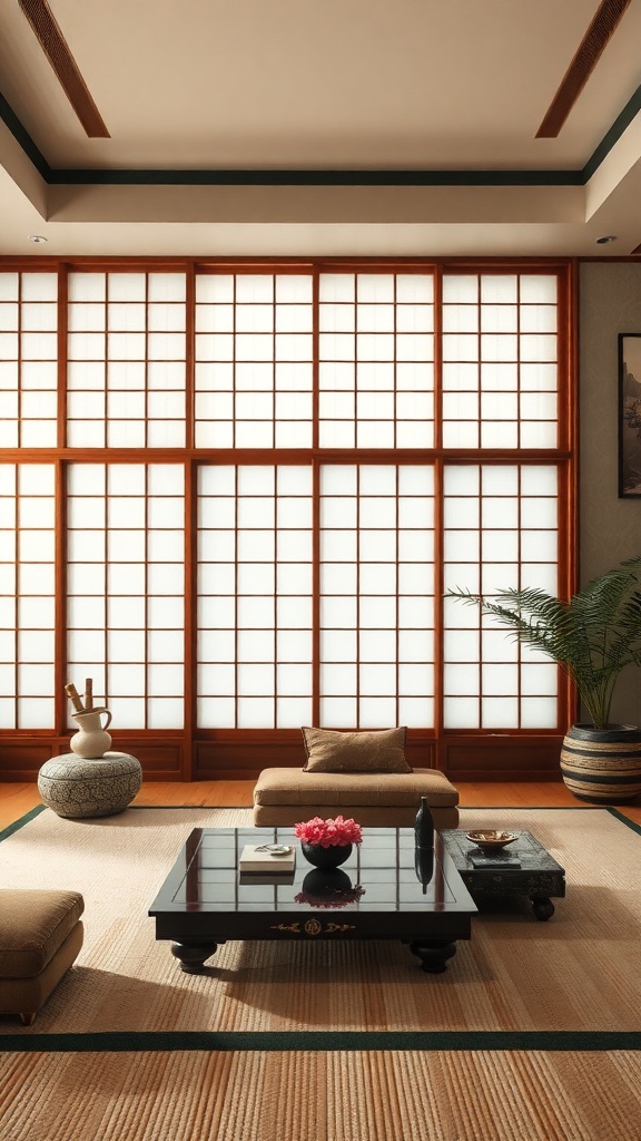 A Japanese living room featuring large shoji screens, low seating, and natural decor.