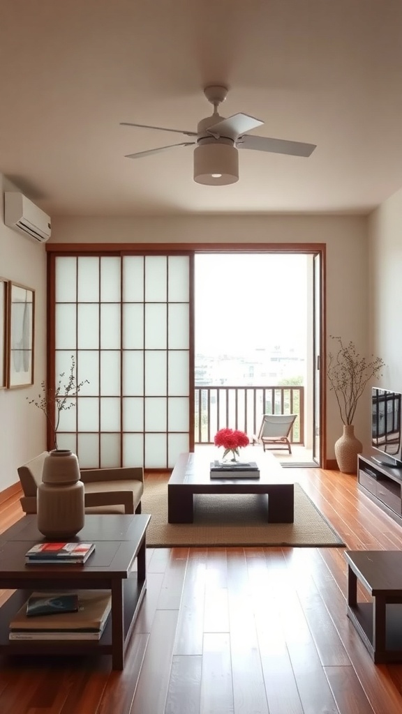A modern Japanese living room featuring sliding doors, wooden flooring, and minimalistic furniture.
