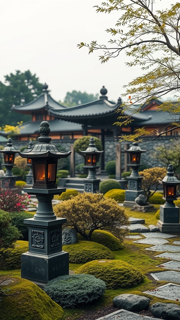 Japanese courtyard garden featuring stone lanterns and lush greenery.