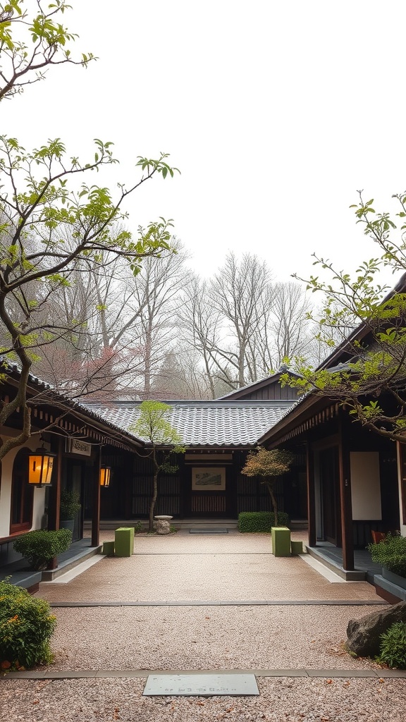 A serene Japanese courtyard garden with trees, stones, and traditional architecture.