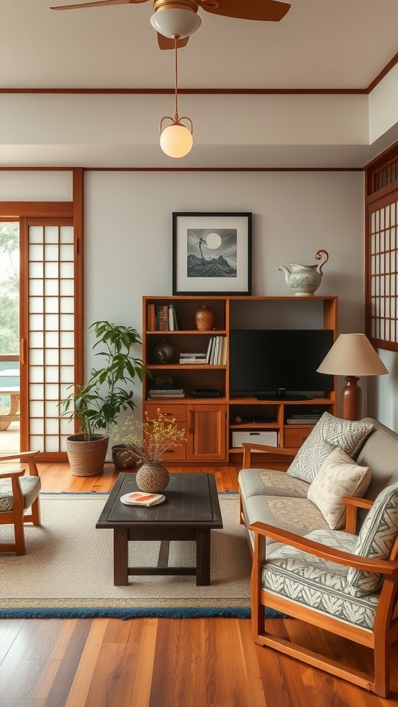 A cozy Japanese living room featuring wooden furniture, a coffee table, and vintage decor elements.