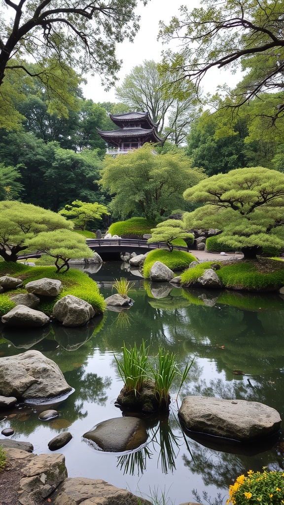 A serene Japanese garden featuring a pond, lush greenery, and a traditional bridge.