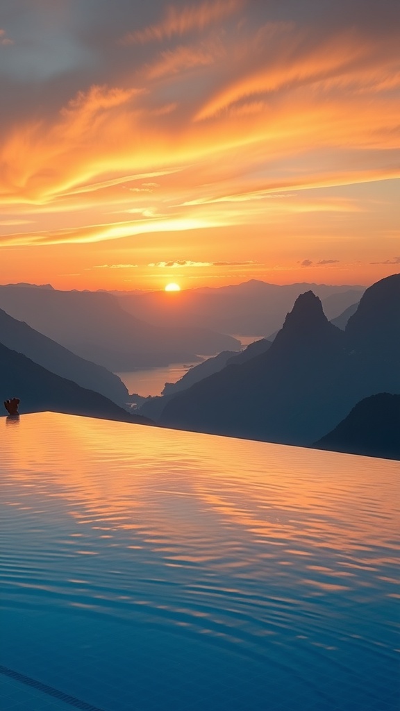 An infinity edge pool overlooking a scenic mountain view during sunset.