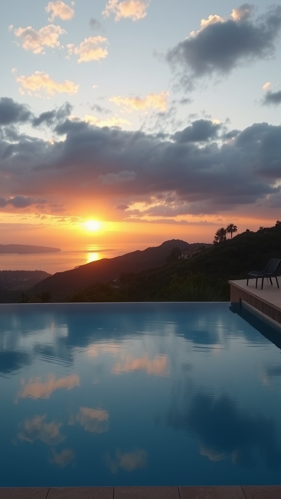 A beautiful infinity edge pool overlooking a sunset with clouds and hills in the background.