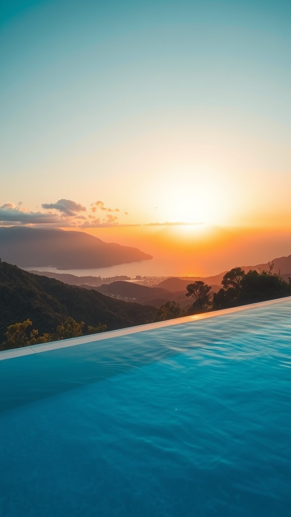 A stunning infinity edge pool overlooking a scenic sunset with hills and coastline in the background.