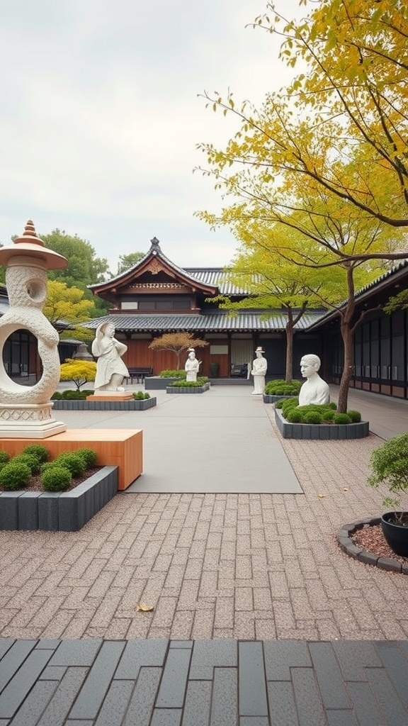 A modern Japanese garden featuring sculptures, greenery, and traditional architecture.