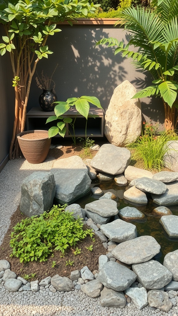 A small Japanese garden featuring rocks, plants, and a pond.