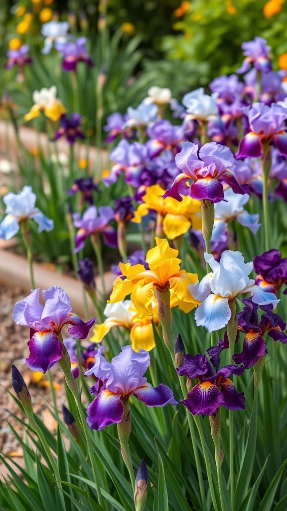 Colorful iris flowers in a garden, showcasing purple, yellow, and blue blooms.