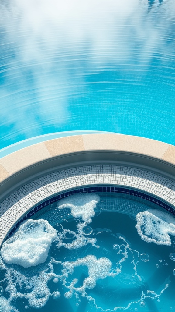 A luxurious jacuzzi with bubbling water integrated into a pool, surrounded by a serene blue water surface.