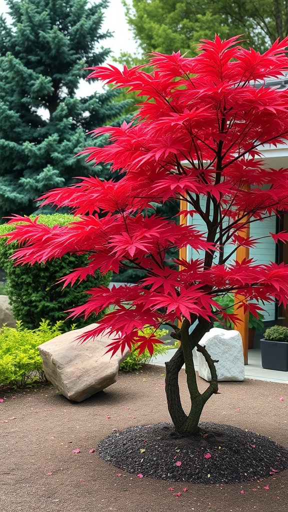 A vibrant red Japanese maple tree in a garden setting.