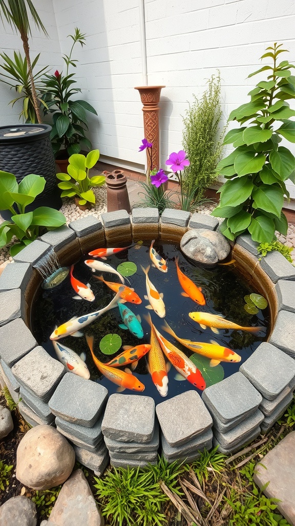 A small koi pond with colorful koi fish, surrounded by plants and decorative elements.