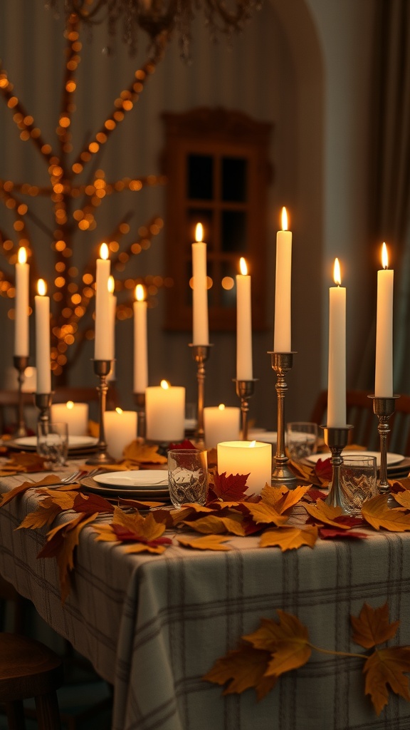 A beautifully arranged dining table with layered candles of varying heights, surrounded by autumn leaves.