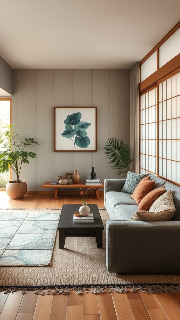 A cozy Japanese living room featuring layered textures with a sofa, cushions, a jute rug, and plants.