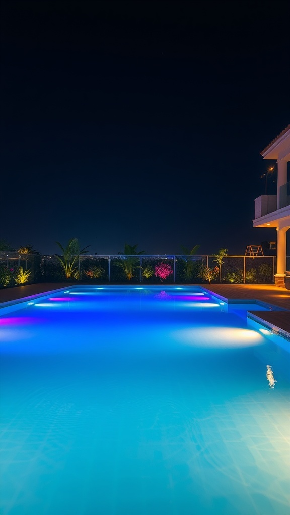 A beautifully lit pool at night with blue and purple LED lights, surrounded by lush greenery.