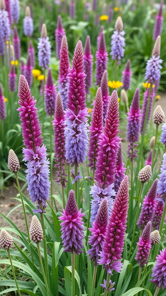 Colorful Liatris flowers in shades of purple and pink, surrounded by green foliage.