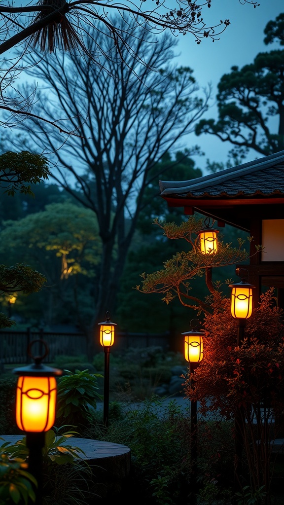 A modern Japanese garden at dusk with glowing lanterns illuminating the path.