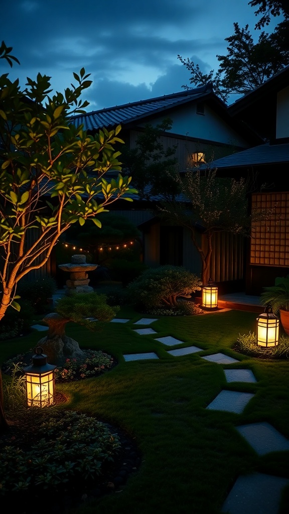 A small Japanese garden illuminated by lanterns and string lights, showcasing a serene evening atmosphere.