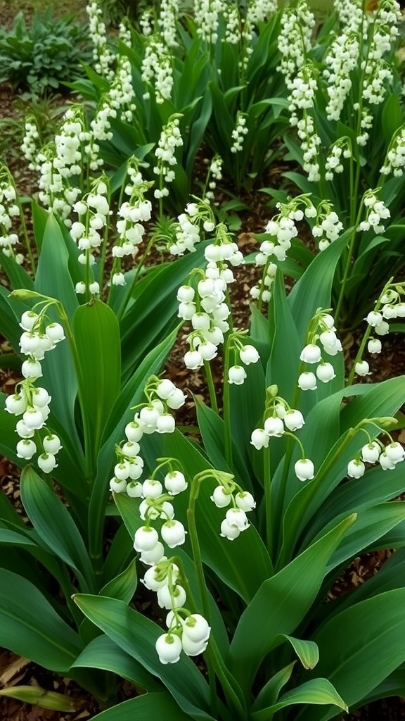 Lily of the Valley flowers with white bell-shaped blooms and lush green leaves