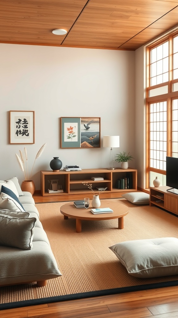A Japanese living room featuring low furniture, a round coffee table, and natural light from large windows.