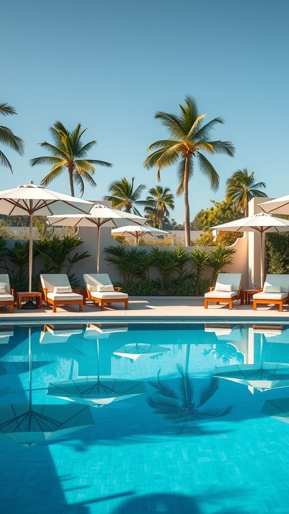 A luxurious pool area with lounge chairs and umbrellas surrounded by palm trees.