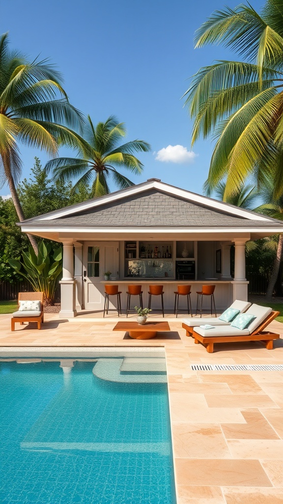 A luxury pool house with a bar area, pool, and loungers surrounded by palm trees.