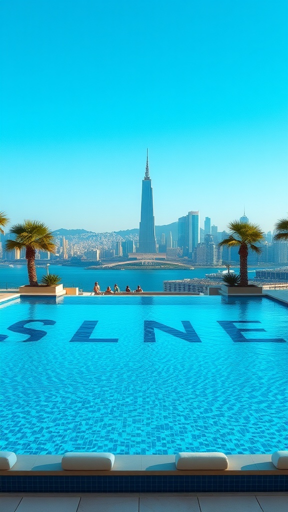 A luxurious pool with a view of a city skyline and palm trees.