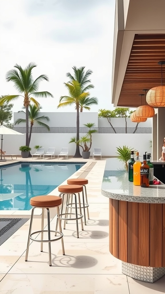 A luxurious poolside bar with wooden and stone features, surrounded by palm trees and lounge chairs.