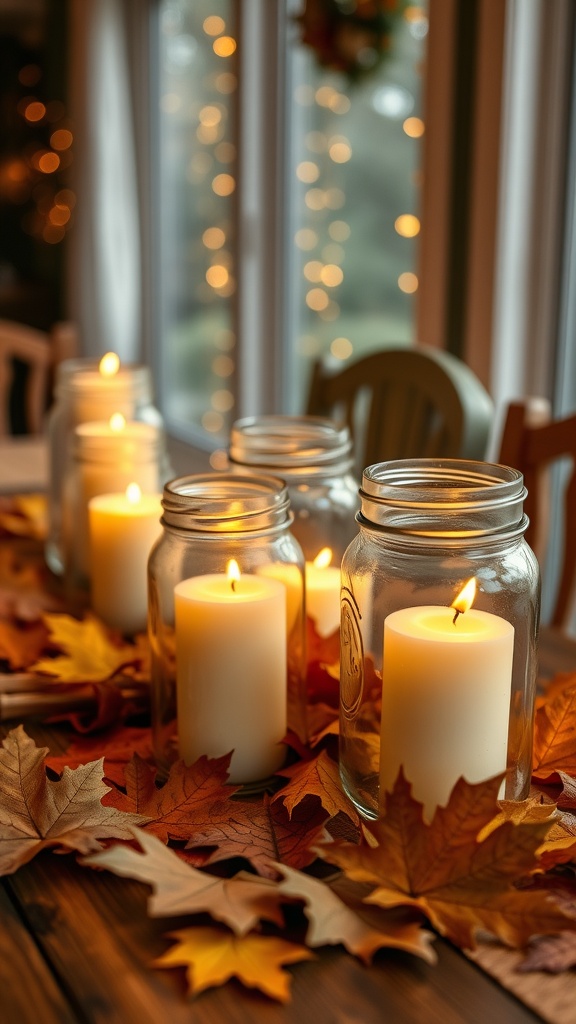 Mason jar candle holders surrounded by autumn leaves on a dining table
