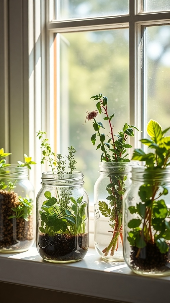 Mason jars filled with various herbs on a windowsill, with sunlight shining through the window.