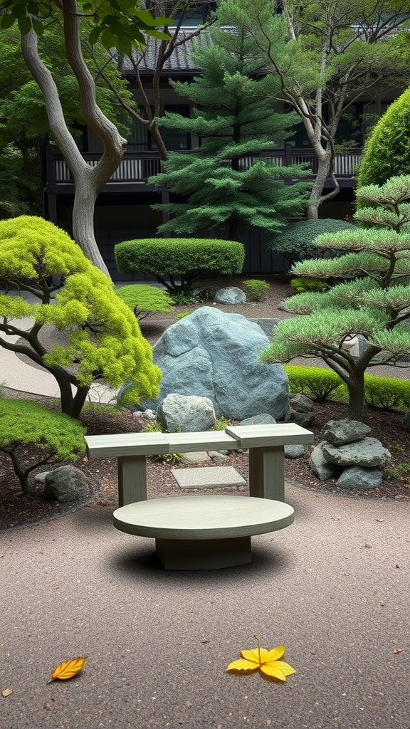 A serene meditation space in a modern Japanese garden featuring a simple table and lush greenery.