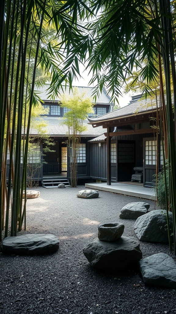A serene Japanese courtyard garden featuring bamboo, stones, and a traditional wooden structure.