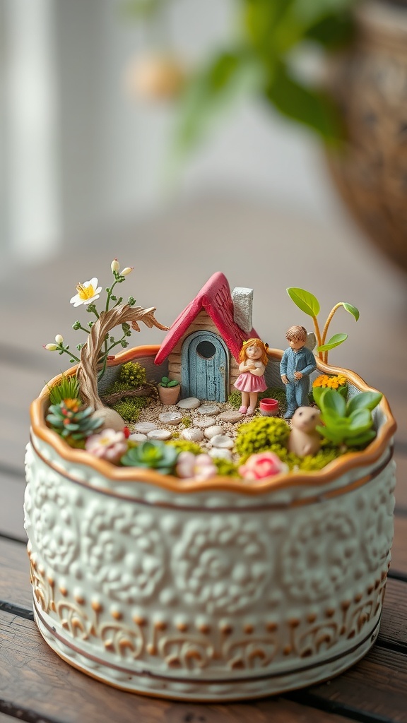 A miniature fairy garden in a decorative container featuring a tiny house, figures, and plants.