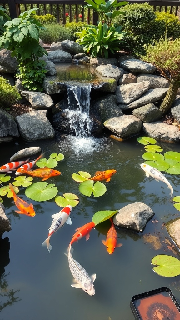 A serene miniature water feature in a Japanese garden, featuring koi fish, a waterfall, and water lilies.