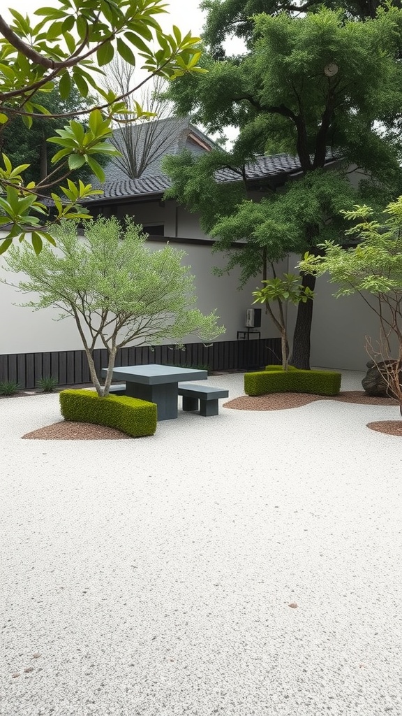 A minimalist Japanese garden featuring a gravel ground, trimmed bushes, trees, and a simple table with benches.