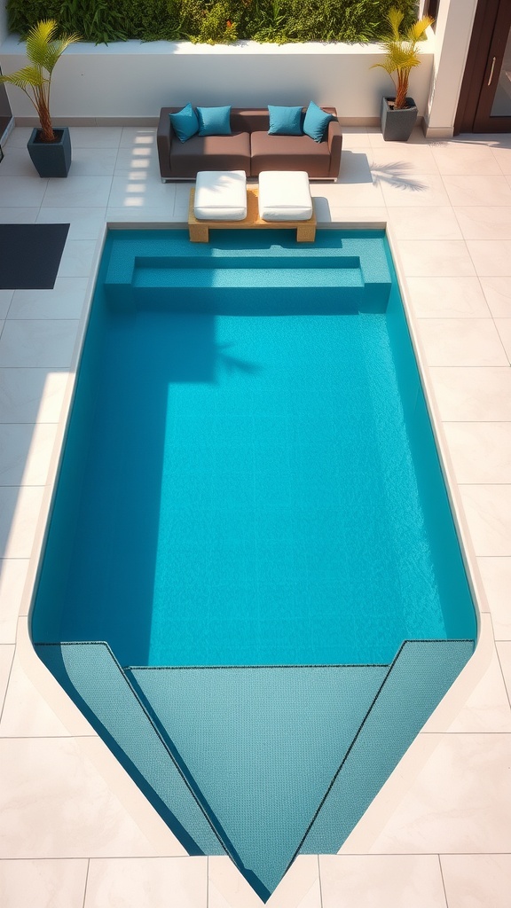 A modern geometric pool with a triangular shape, surrounded by light tiles and a cozy seating area.