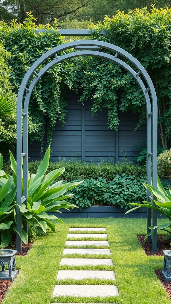 A modern metal arch in a garden surrounded by lush greenery and a stone pathway.