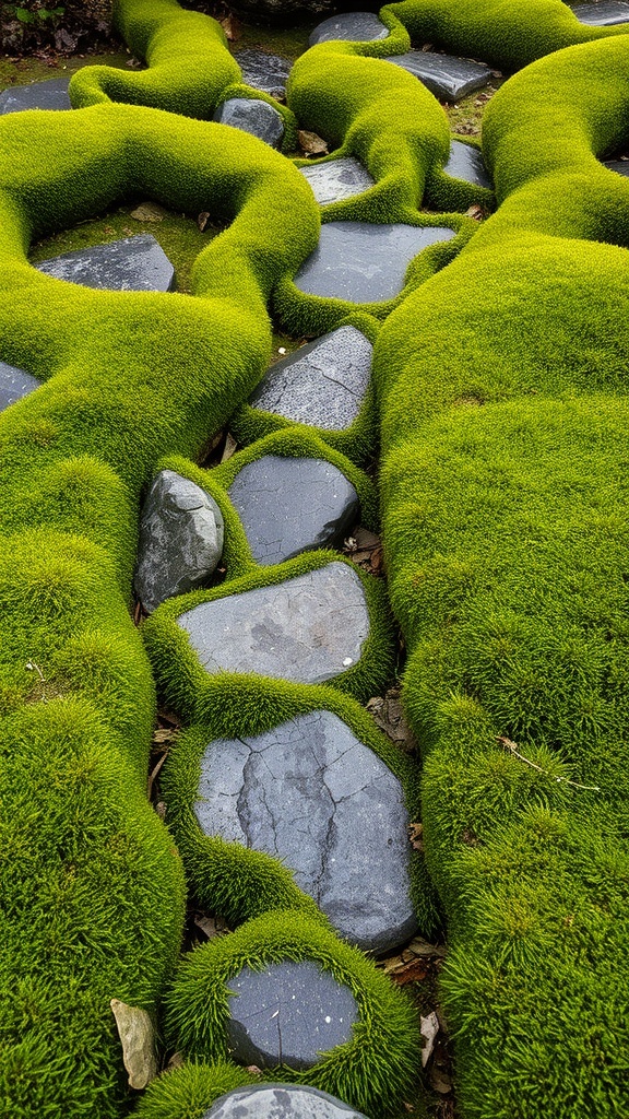 A moss garden featuring vibrant green moss surrounding dark stones, creating a natural pathway.