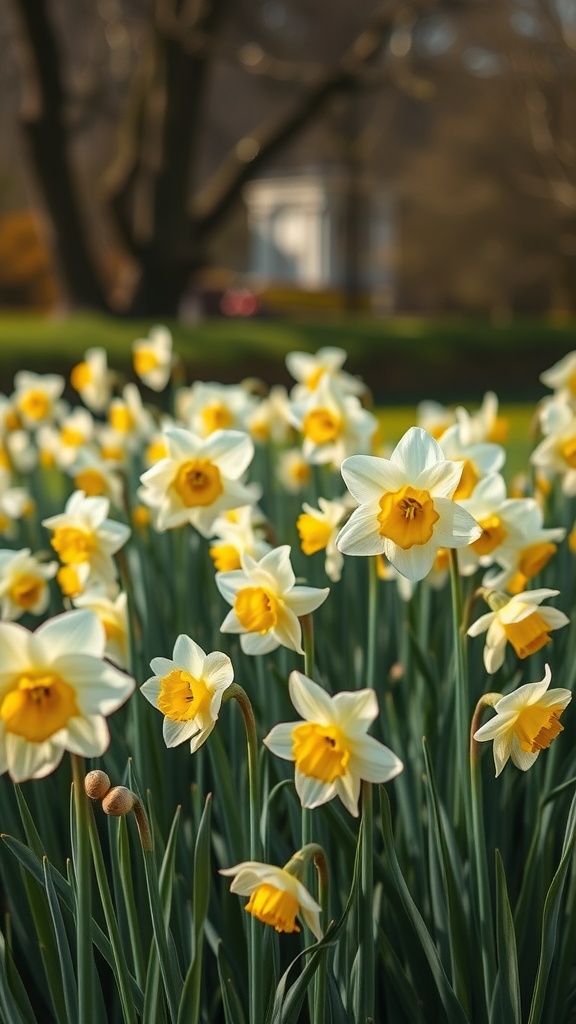 A field of blooming Narcissus flowers with yellow and white petals.