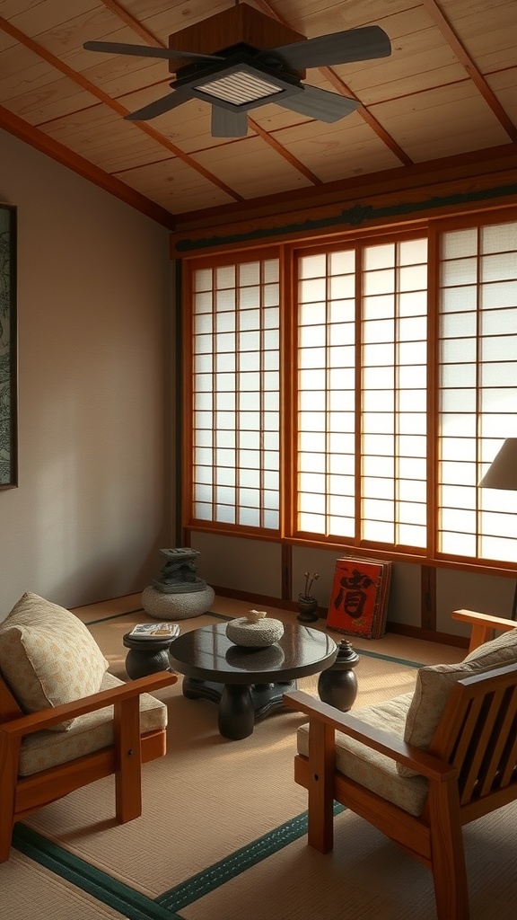 A cozy Japanese living room featuring wooden accents, stone decorations, and large windows with shoji screens.