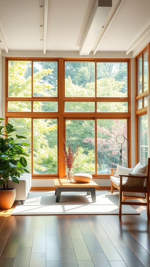 A bright Japanese living room with large windows, wooden frames, and natural decor.