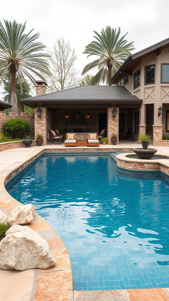 Luxury pool area with natural stone accents and palm trees