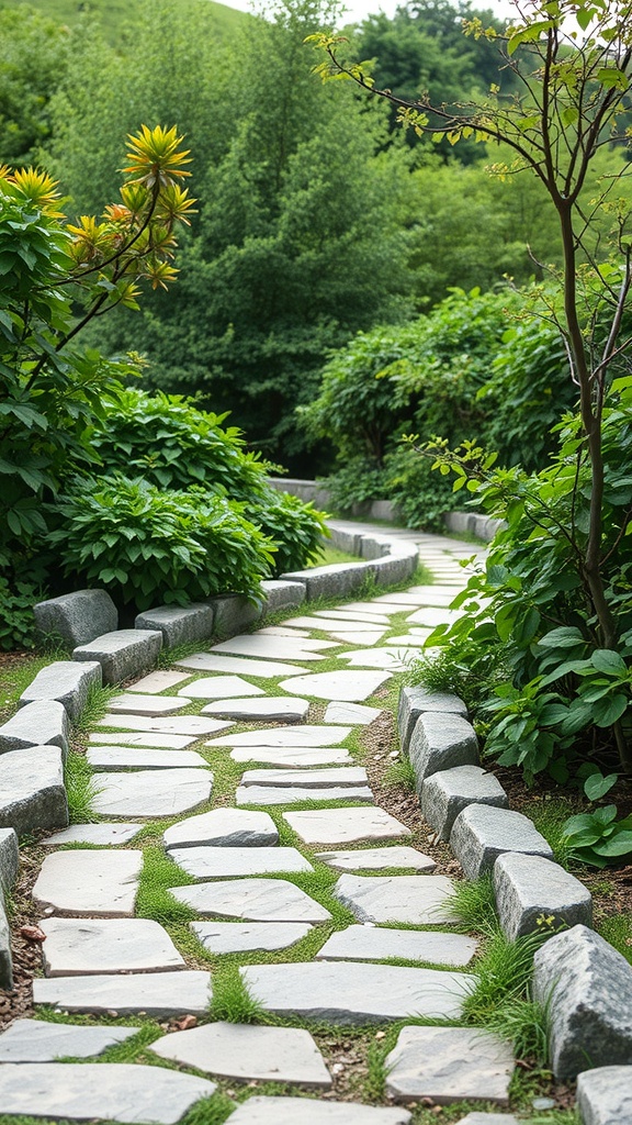 A winding natural stone pathway surrounded by lush greenery in a Japanese garden.