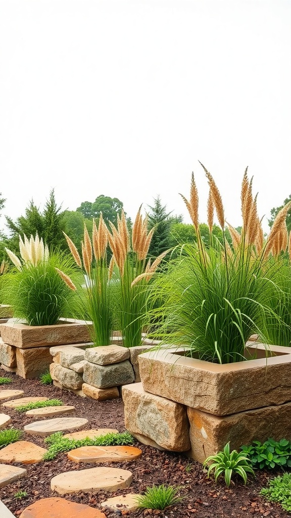 Natural stone planters with grasses in a garden setting