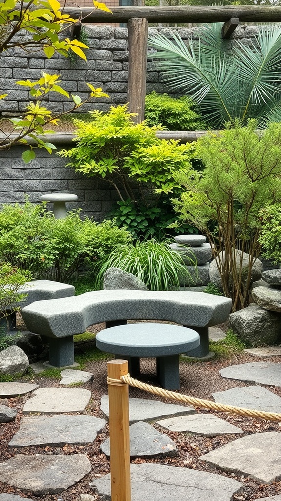 Natural stone seating area in a Japanese garden with greenery and stone path.