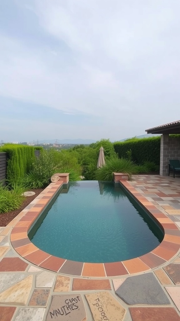 A plunge pool surrounded by natural stone and greenery